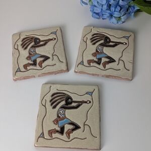 Southwestern Kokopelli Flute Native Set Of 3 Tiles ~ Coasters Or For Project